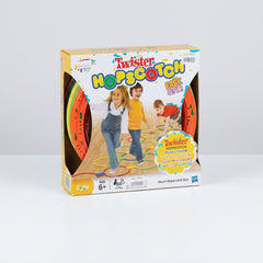 Hopscotch ring floor game box, showing two children hopping across the connected coloured rings, spec table with item code SY001