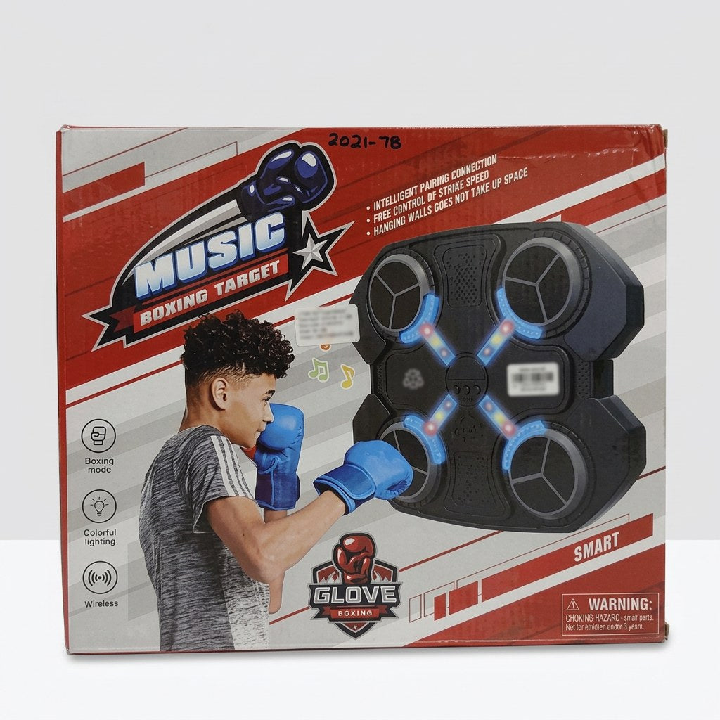 Music Boxing Target box front, SMART and GLOVE BOXING branding, choking-hazard warning