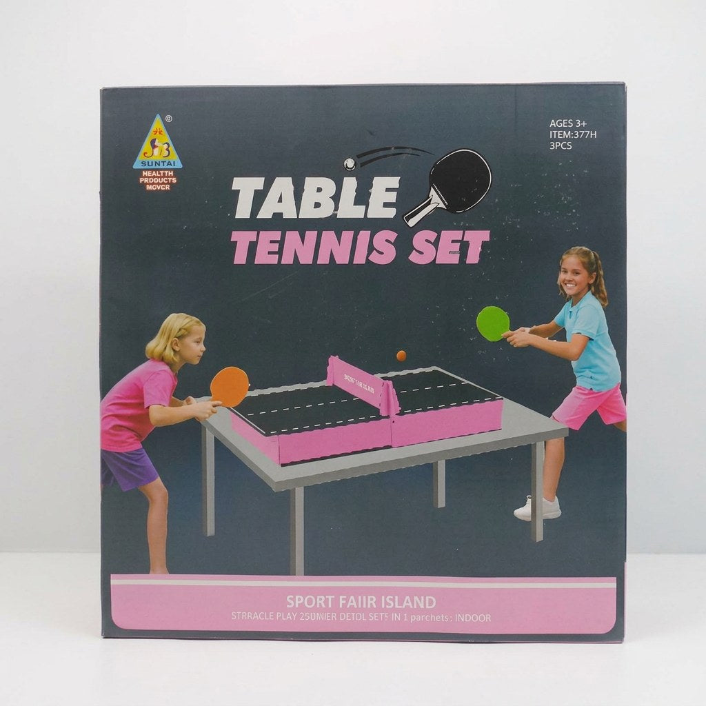 Table tennis set box front, mini table with net, two children playing with paddles, age 5+