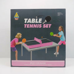 Table tennis set box front, mini table with net, two children playing with paddles, age 5+