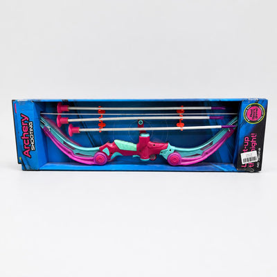 Archery Shooting box front, pink and mint bow with three suction-cup arrows in the tray