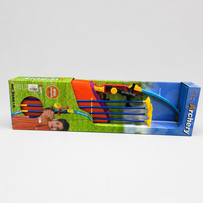Archery set box front, blue bow and four blue arrows with yellow suction cups in the tray