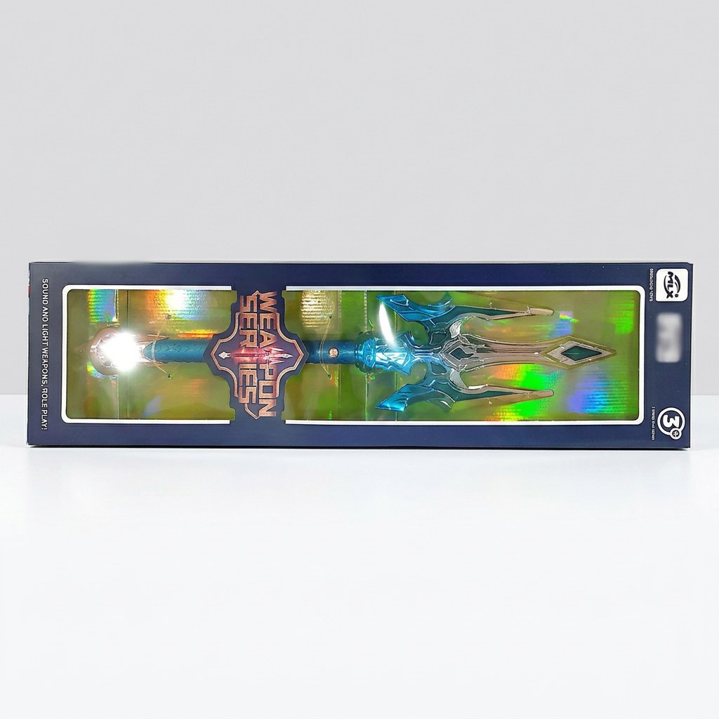 Weapon Series box, front and back panels; blue light-up trident toy, 3+ badge, and battery and small-parts warnings on the back panel