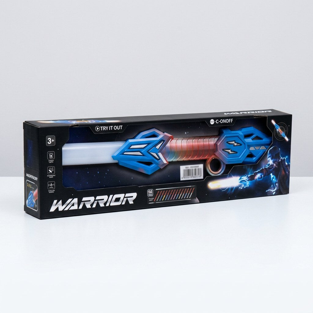 Warrior Dual-Head Extendable light sword infographic, 14 dynamic lights, retractable blade, simulated sounds icons