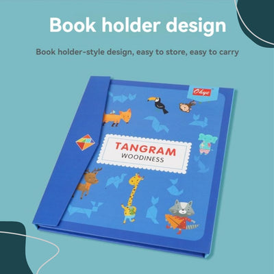Closed Tangram Woodiness book case with a fox, deer and giraffe design, used as a travel case for the puzzle pieces