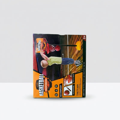 Basketball Hoop Stand box front at an angle, a boy dunking a basketball and the 3+ age badge