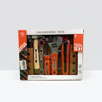 Engineering Tool Set box front, open window showing the wrench, saw, hammer and pliers in the tray