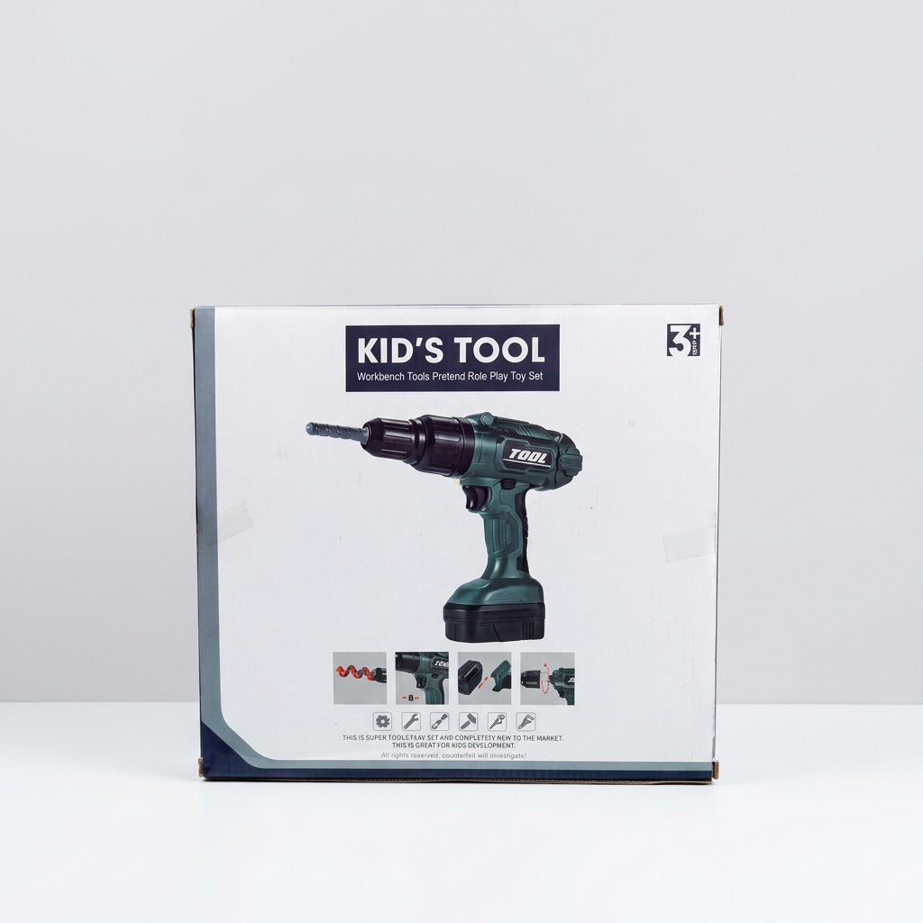 Kid's Tool box front showing the cordless drill and bits, with the Workbench Tools title
