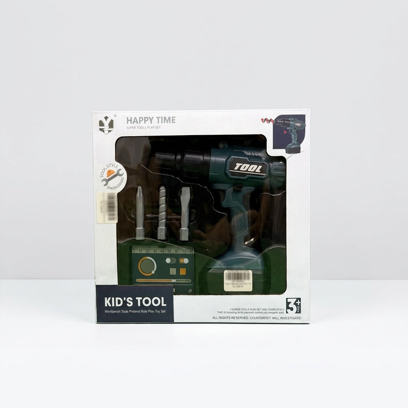 Close-up of the drill bits in their blister with the shop sticker reading HAPPY TIME KIDS TOOL SET-T112