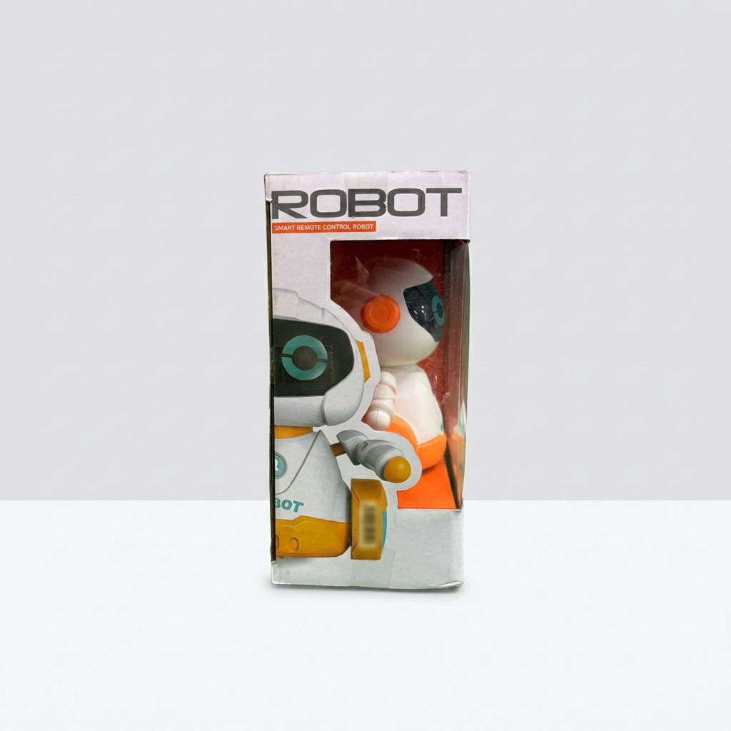 Robot box front, alternate angle, with Let's play together! and the watch worn on a wrist