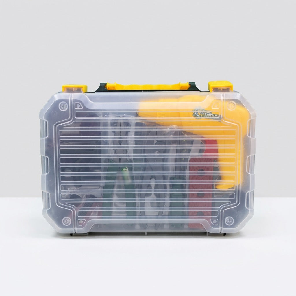 Craftsman's Toolbox clear plastic carry case, closed, with the yellow handle and latch clips