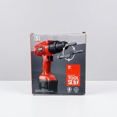 Close-up of the drill's head and trigger with the shop sticker reading ENGINEERING TOOL SET-SET-8902-1