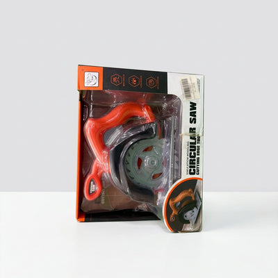 Circular Saw box front, orange and black toy saw in its blister with the three exercise icons