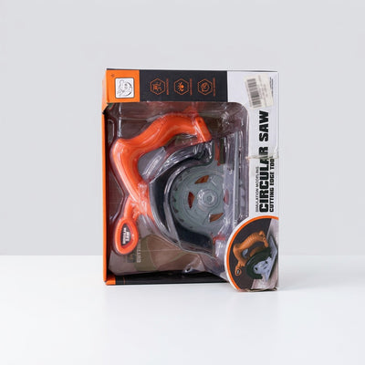 Circular Saw box front, orange and black toy saw in its blister with the three exercise icons