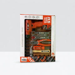 Engineering Tool Set box front, open window showing the electric drill, wrenches, pliers and hammer in the tray