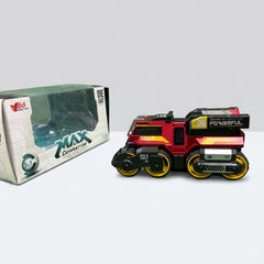 Catapult Car boxed next to the vehicle out of the box, showing the red body and tank-tread wheels
