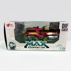 Box front close-up showing the DIE CAST MULTIFUNCTIONAL window, MAX CATAPULT CAR logo and 3+ AGES text