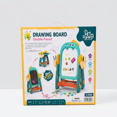 Close-up of the open box flap showing the magnetic numbers, chalk sticks and marker pens, with the 480 x 400 x 220mm size diagram and the price sticker