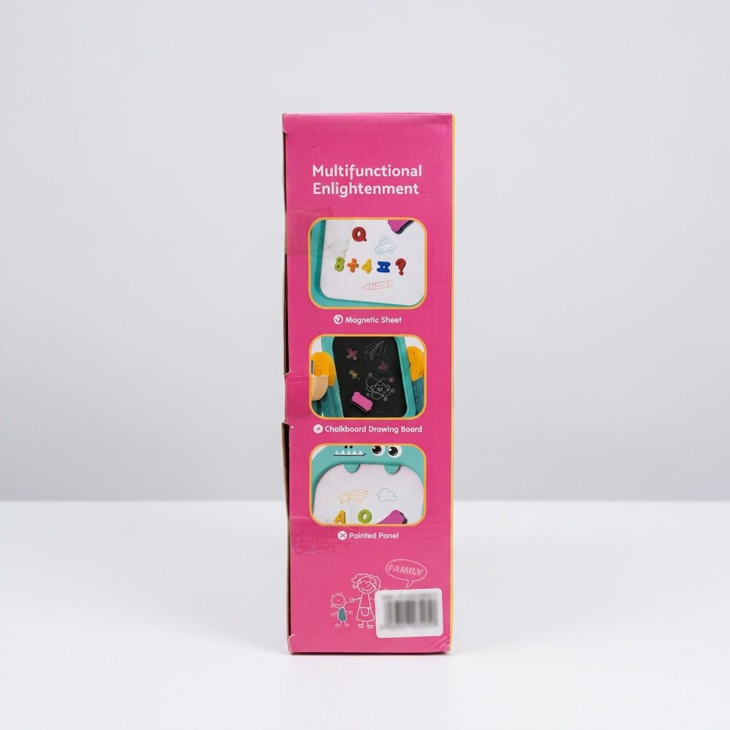 Drawing Easel box front, teal dinosaur colourway, with the "Includes" parts list and the 3+ age badge