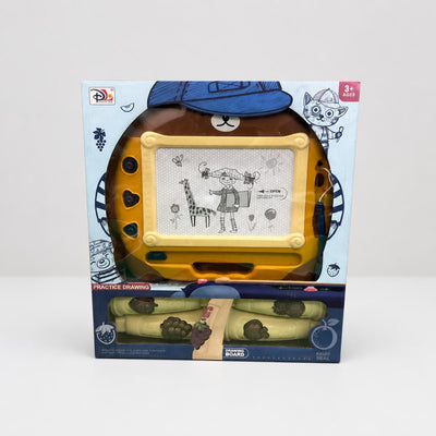 Magnetic Drawing Board box front, the yellow board drawn on with a giraffe sketch, and the fruit-seal stamps alongside