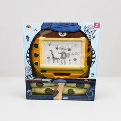 Magnetic Drawing Board box front, the yellow board drawn on with a giraffe sketch, and the fruit-seal stamps alongside