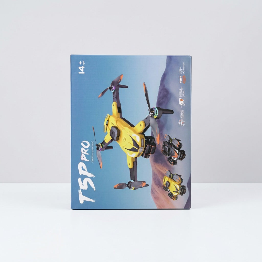 T5P Pro drone box front, yellow quadcopter with the 14+ AGES badge