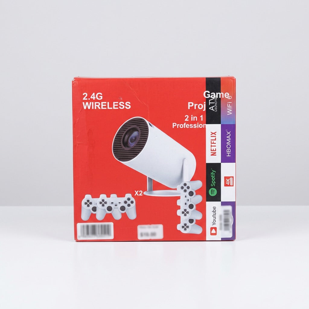 Game Projector box front, white projector with the bundled remote and two wireless gamepads