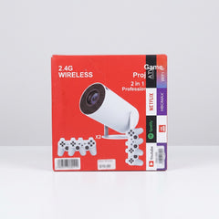 Game Projector box front, white projector with the bundled remote and two wireless gamepads
