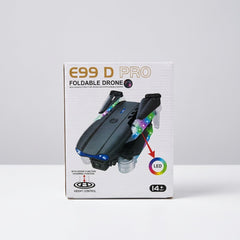 E99 D Pro foldable drone box front, folded black drone with rainbow LED arm lighting and the 14+ badge