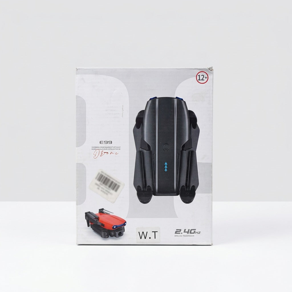 E99 mini camera drone box front, folded black and red drone with the 12+ age roundel