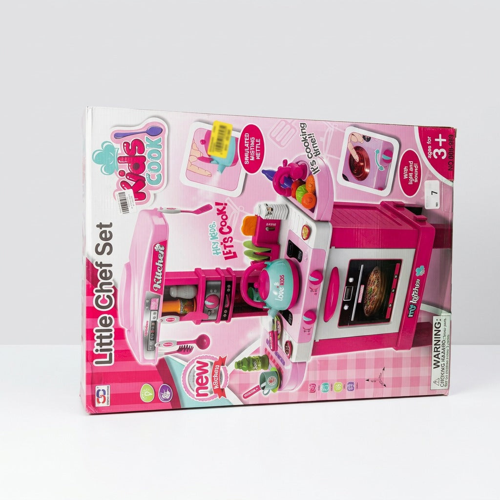 Little Chef Kitchen Set box front, pink play kitchen with oven window, misting kettle and play food