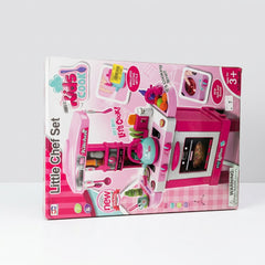 Little Chef Kitchen Set box front, pink play kitchen with oven window, misting kettle and play food