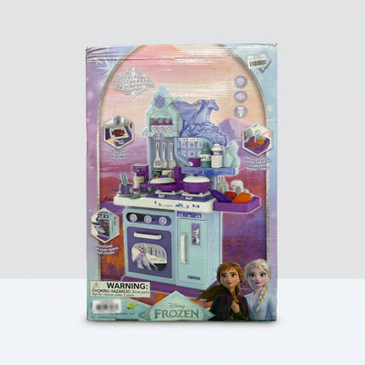 Frozen Pretend Play Kitchen Set box front, light-blue and purple kitchen unit with Elsa and Anna artwork
