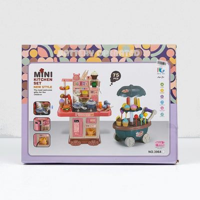 Mini Kitchen Set box front NO.3964, pink kitchen stand with umbrella-topped dessert cart and the 75 PCS badge