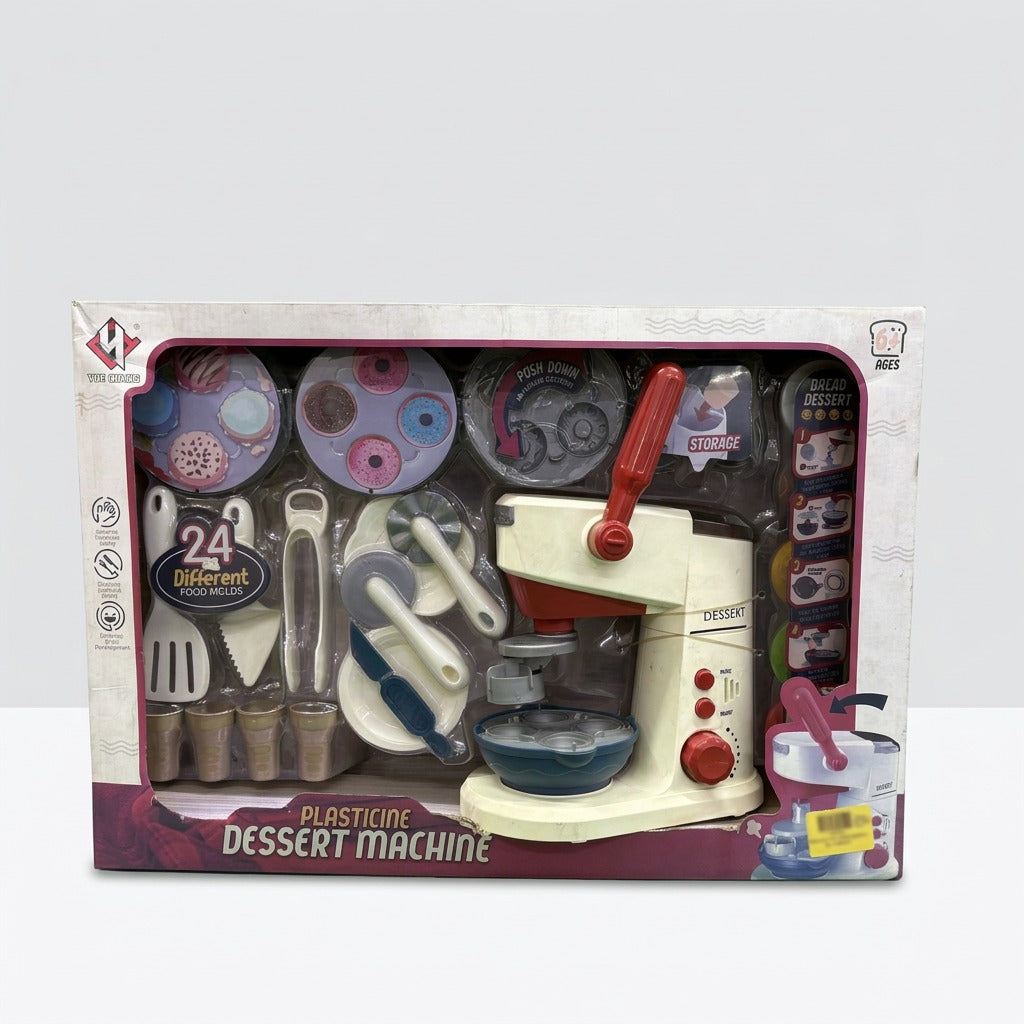 Box front, Plasticine Dessert Machine with the 24 Different Food Molds badge and accessories