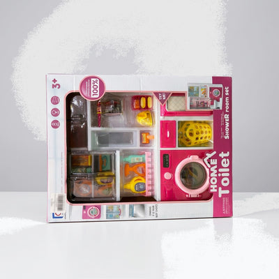 Box front, Home Toilet Shower Room Set with the washing machine, basket and mirror