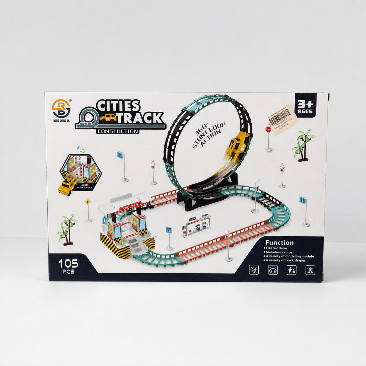 Race Track Set box front, the yellow car driving through the 360° stunt loop, 105 PCS and 3+ age badge