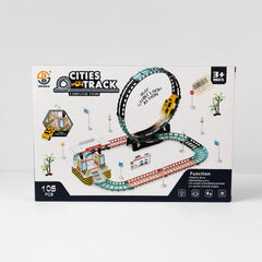 Race Track Set box front, the yellow car driving through the 360° stunt loop, 105 PCS and 3+ age badge