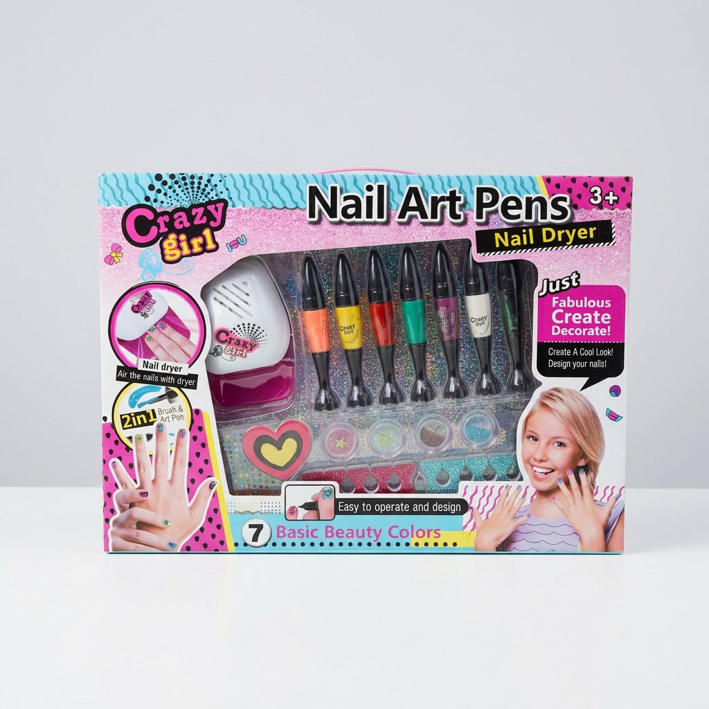 Box front, Crazy Girl Nail Art Pens with Nail Dryer, the 7 pens and dryer dome