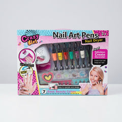 Box front, Crazy Girl Nail Art Pens with Nail Dryer, the 7 pens and dryer dome