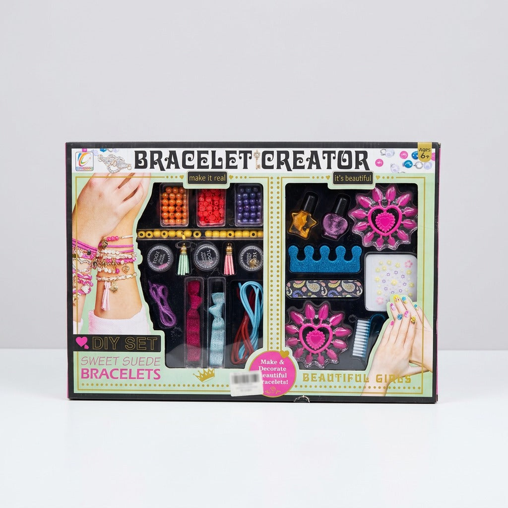 Bracelet Creator box front showing the suede lace, bead trays and charms, with the Ages 6+ badge