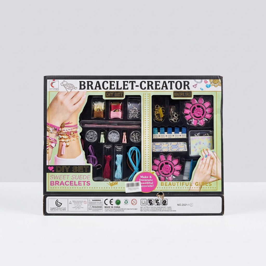 Reverse panel laid out flat showing suede lace, beads, chains, charms, nail polish and press-on nails
