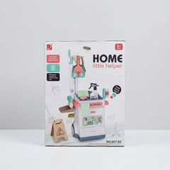 Home Little Helper cleaning trolley box front showing the cart, broom, mop and warning sign, Ages 3+ badge