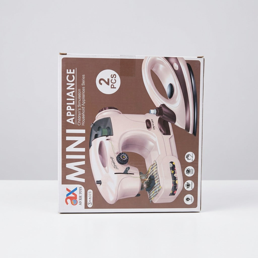 Mini Appliance box front showing the toy sewing machine and toy iron side by side, Ages 3+ badge