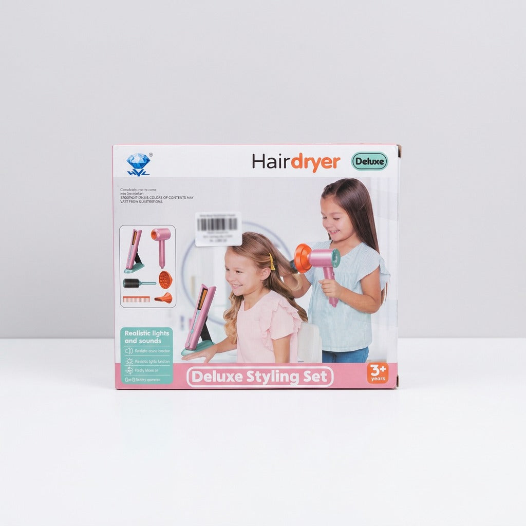 Hairdryer Deluxe Styling Set box front showing the hairdryer, diffuser, nozzle, straightener and comb