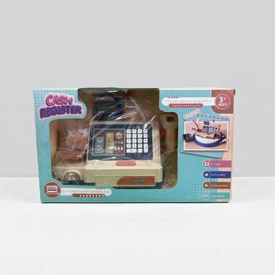 Cash Register box front showing the till, keypad, scanner and shopping basket, Ages 3+ badge