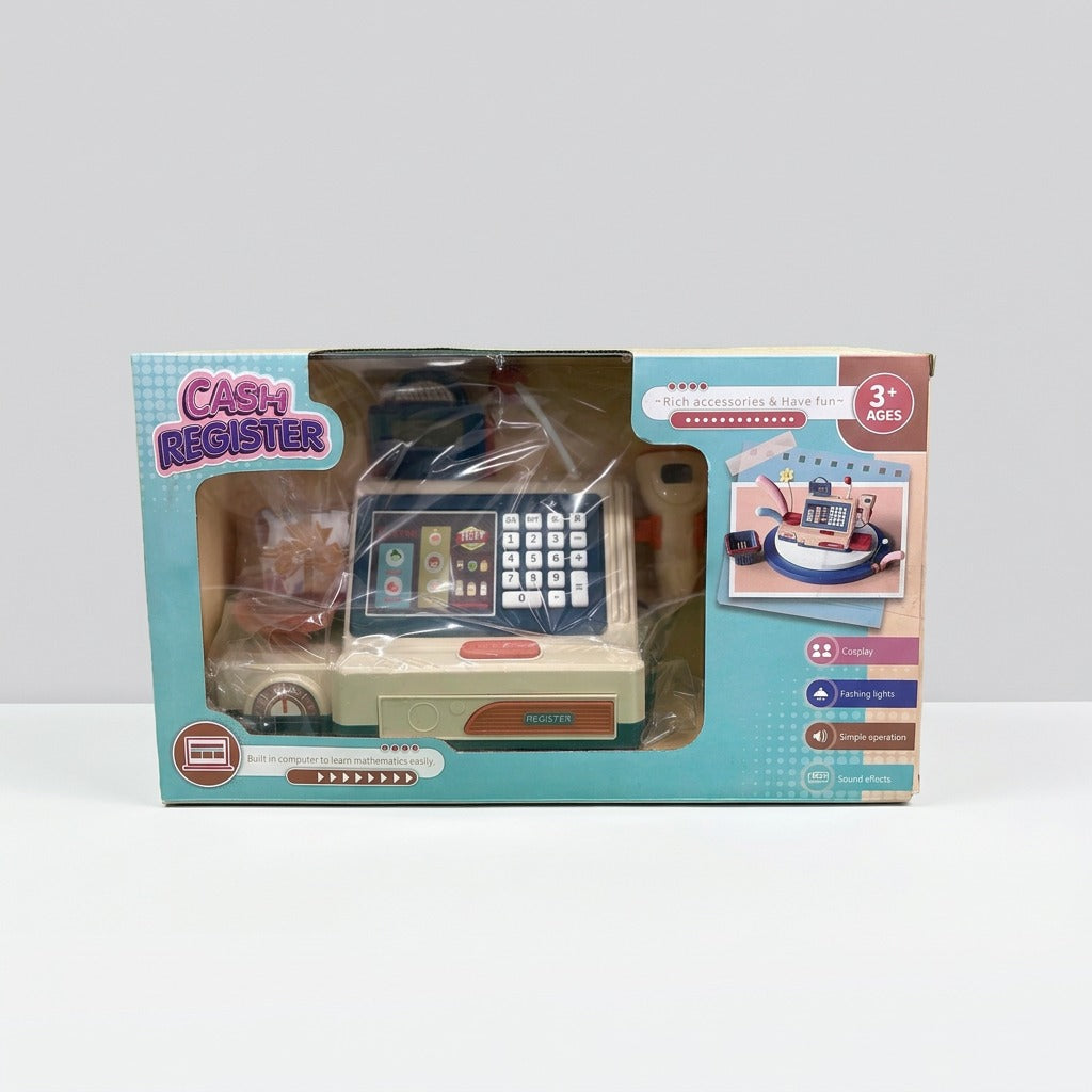 Cash Register box front showing the till, keypad, scanner and shopping basket, Ages 3+ badge