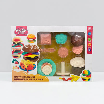 Happy Color Mud Burger'n Fries box front, dough burgers, fries and moulding tools laid out