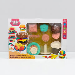 Happy Color Mud Burger'n Fries box front, dough burgers, fries and moulding tools laid out