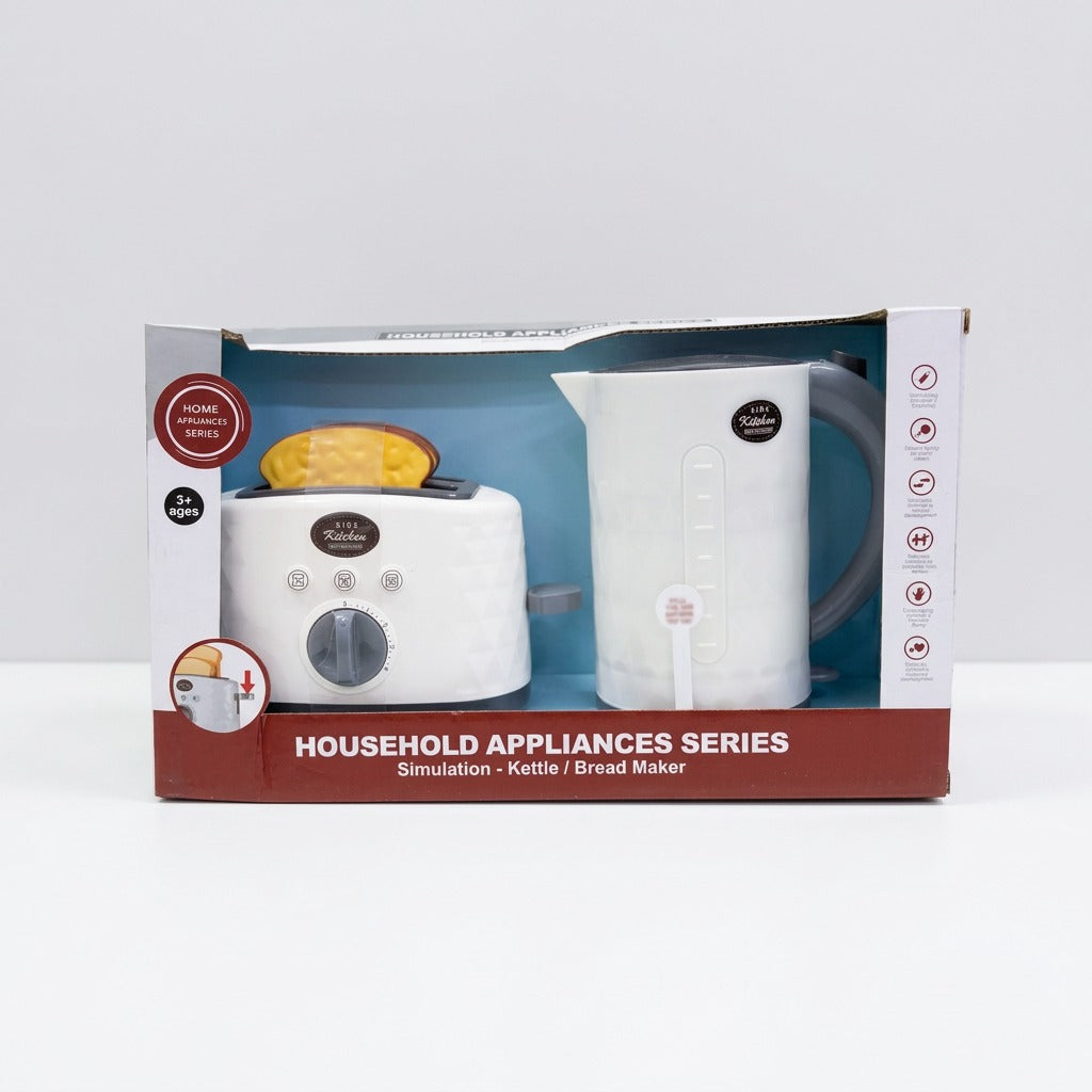 Toy kettle and toaster box front, with a slice of play toast popping up from the toaster